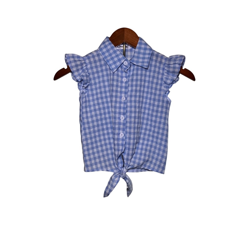 LIONJIE Kids Size 4/5T Blue Gingham Tie Front Short Sleeve Button Up Shirt